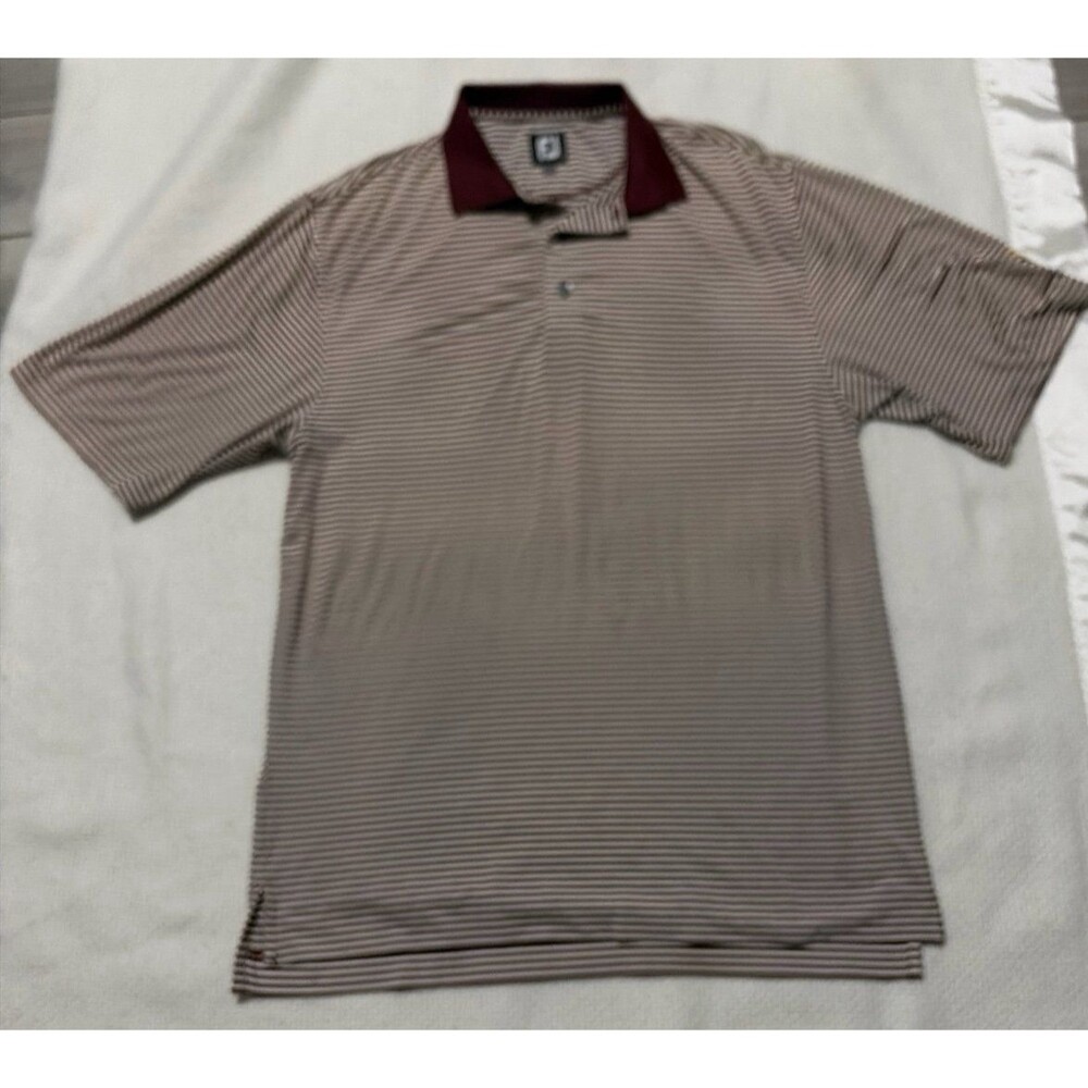FootJoy (FJ) Men's Striped Golf Polo Shirt - Maroon and Tan - Size Medium